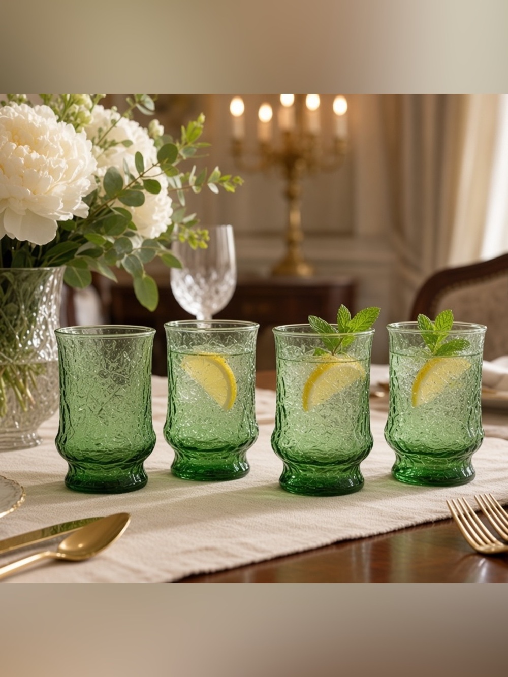 Vtg Anchor Hocking Rainflower Green Juice Glasses Set of 4